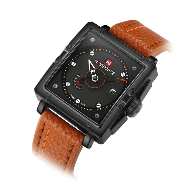 

NAVIFORCE Men's Sports Quartz Watches Creative Analog Wristwatches 30M Waterproof Leather Strap Auto Date Square Clock, 4 colors