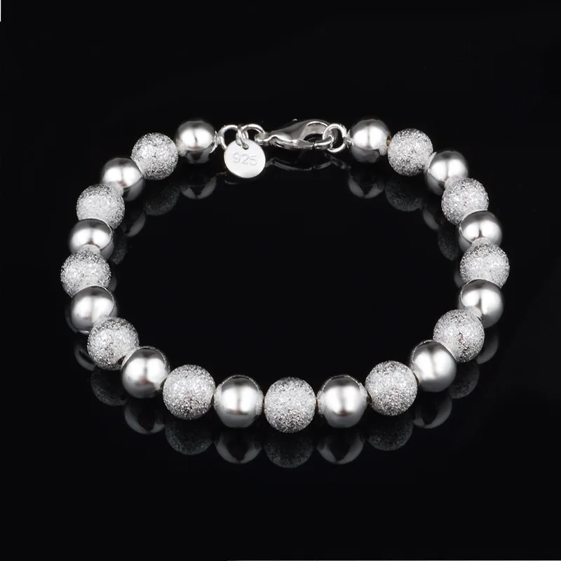 

Charm Silver Color 925 Silver Sterling Scrub round Beaded Stackable Bracelet Jewelry For Women