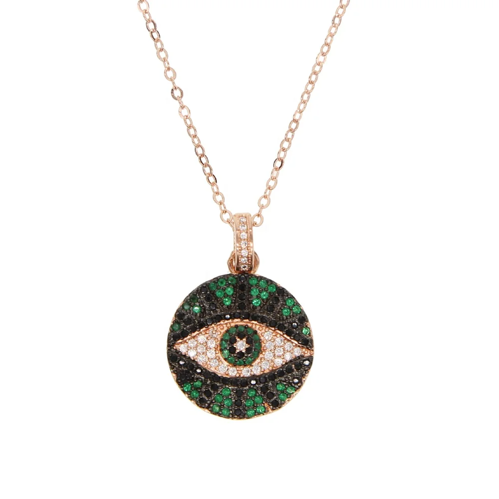 

New arrived two tone rose gold black gold with green cz paved eye shape charm pendant necklace jewelry for wedding jewelry