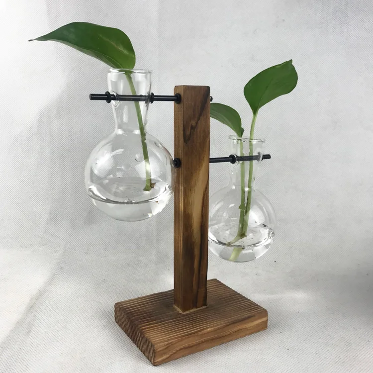 
Hanging clear glass flower vase with wood base 