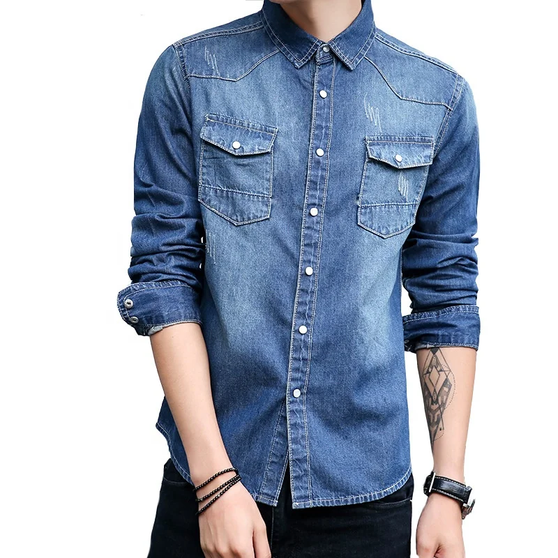 

Wholesale Spring Cowboy Denim Jeans Shirts For Men Slim Long Sleeve 100% Cotton, Light blue,dark blue