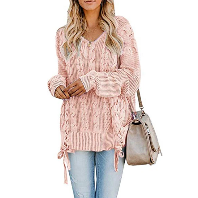 

factory wholesale Women's Chunky bandage Pullover plus size women clothing V Neck off shoulder Knitted sweater