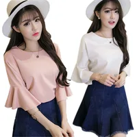 

2019 O-neck Solid Color Blusas Work Shirts For Women's Elegant Half Sleeve Blouses Female Summer Tops