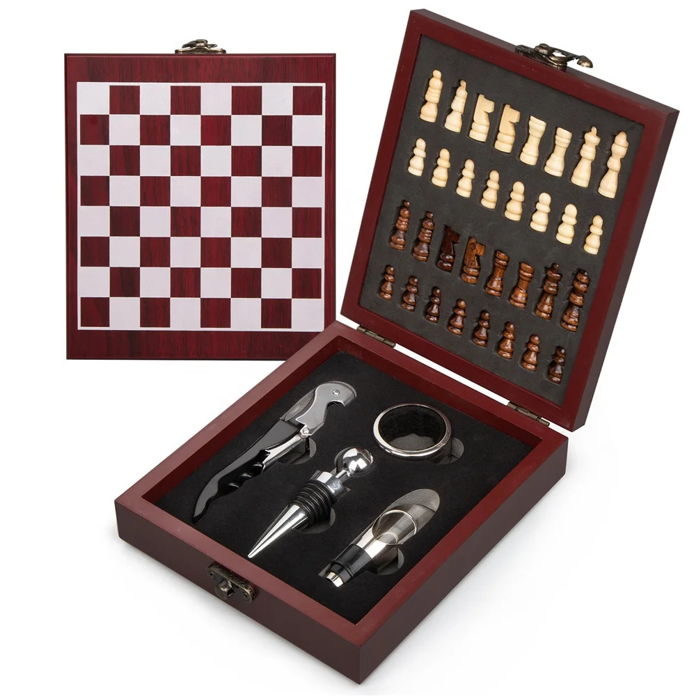 

4pcs wine box gift set Wooden Box with International Chess Wine Tools Accessories Opener Kit wine cork opener, Customer's requirement