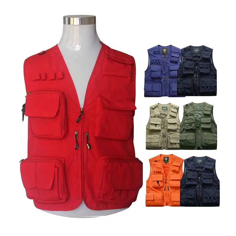 

Men's multi pockets Cargo vest for climbing shooting photography Hooking fisherman Journalist Fishing Vest Waistcoat, Navy, red, khaki, green