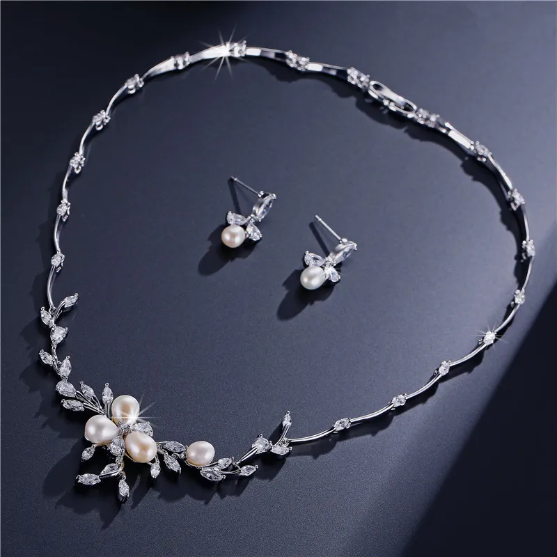 

RAKOL High quality CZ cubic zirconia wedding jewelry set romantic pearl flower jewelry Set S297, As picture