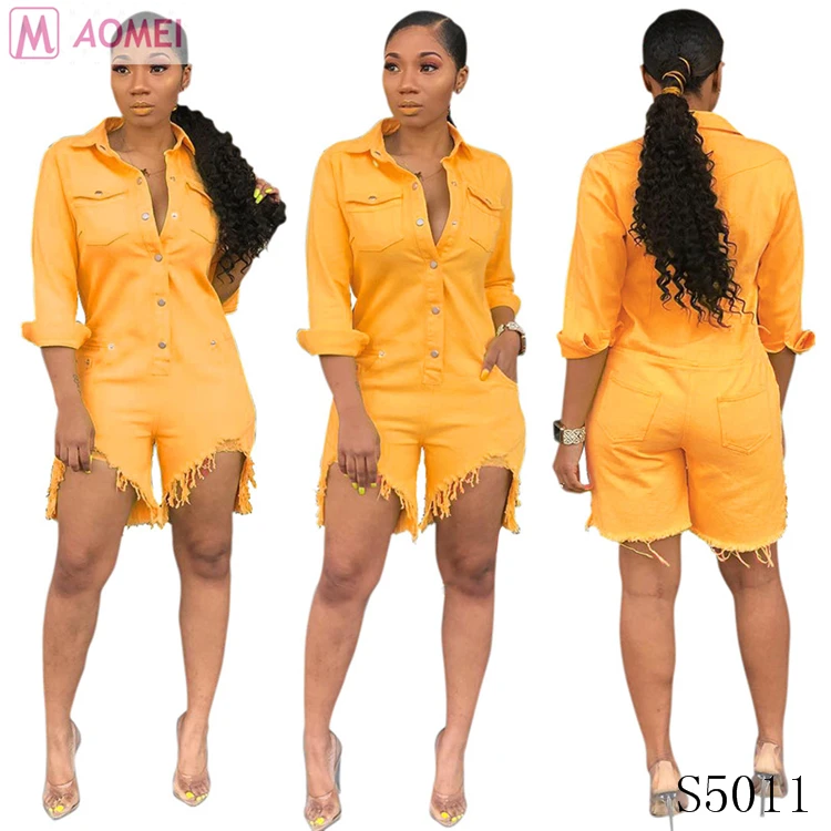 

S5011 Hot sale stylish women clothes slim frayed button up short denim jumpsuit, N/a