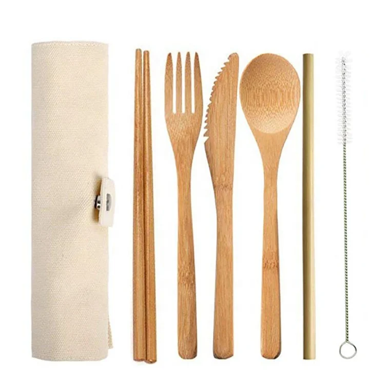 

Hot Sale White Outdoor Travel Picnic 6PC Natural Eco Friendly Reusable Bamboo Cutlery Travel Set, Customized color
