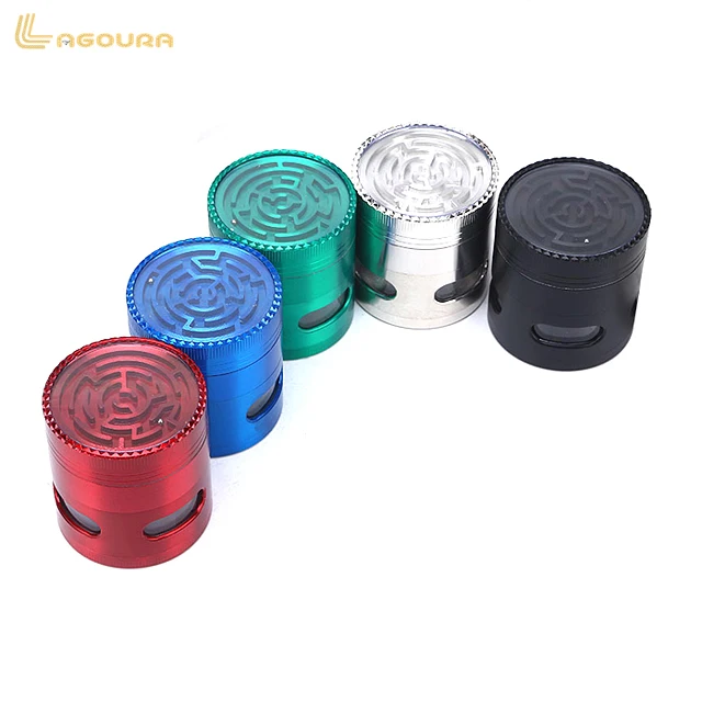 

Wholesale 52mm four-layer zinc alloy labyrinth tobacco grinder, Red, blue, green, silver, black