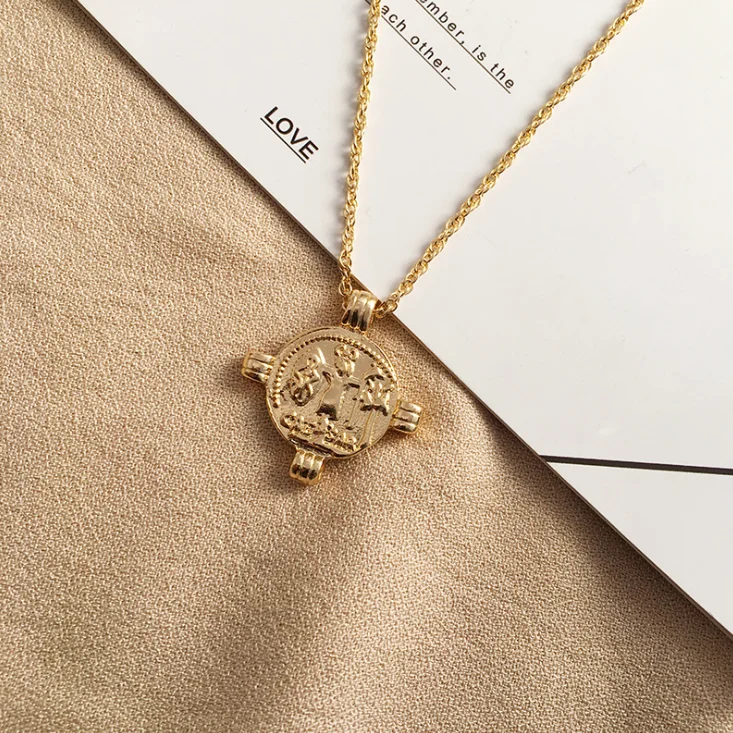 

Wholesale Custom Roman Coin Charm Pendant Necklace Female Retro Gold Coin Clavicle Chain Gold Long Ins Coin Sweater Necklace, Picture