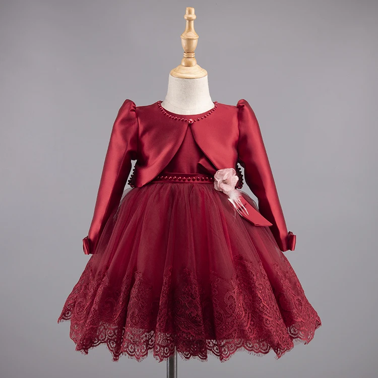 Kids boutique clothing set girls beaded round collar lace  princess party dresses +long sleeve short coat