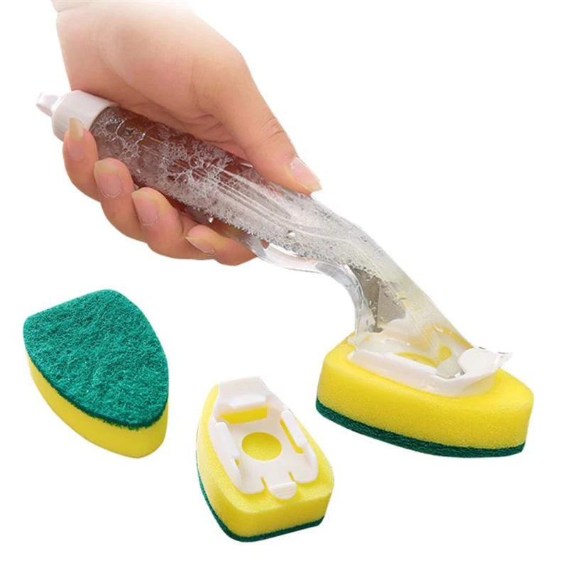

Sponge Replaceable Couring Pad Washing Convenience Cleaning Brush Scrubber Kitchen Soap Dispenser Dish With Refill Liquid, As picture shows