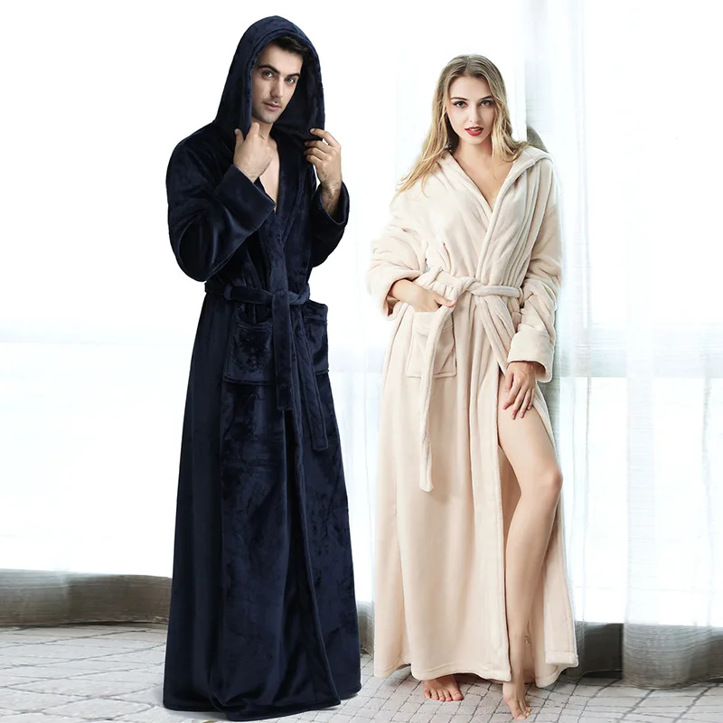 

2021 Warm Long Sleeve Lengthened Plush Dressing Gown Hooded Robe Coat Extra Long Hooded Fleece Bathrobes Women, Customized color