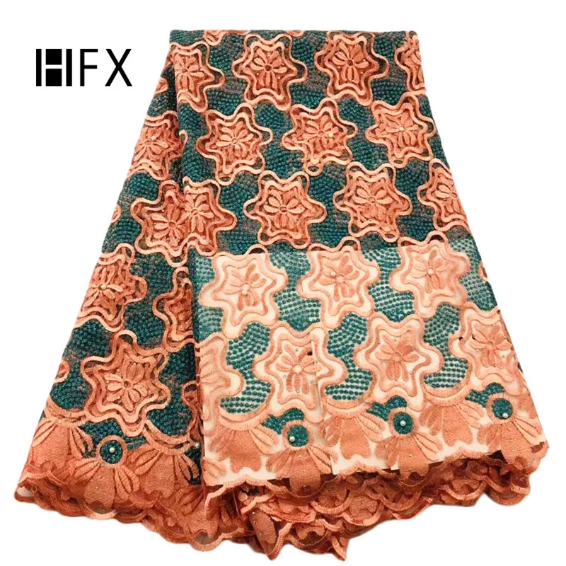 

HFX2019 Cord lace fabric African with beads french guipure orange water soluble lace fabric for Nigerian bridal wedding clothing, Blue