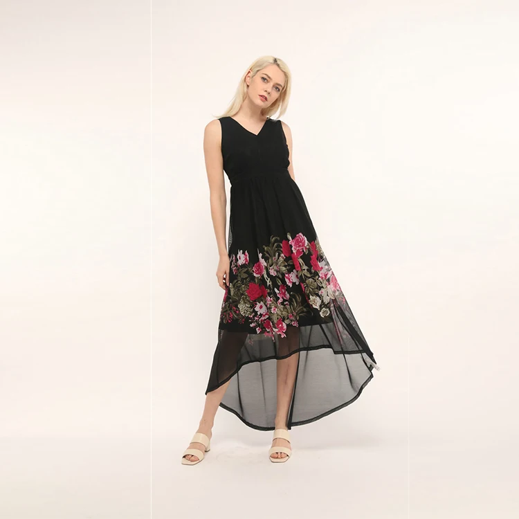

2019 newest spring Women's v neck sleeveless floral print mesh elegant dress