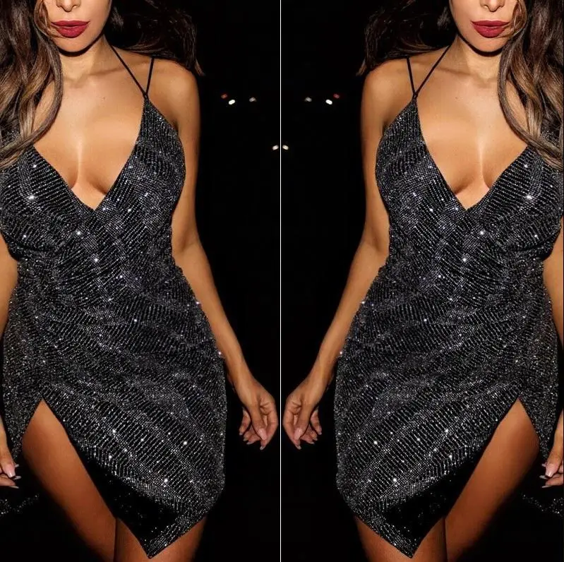 

Newest sequined backless deep V-neck bandage dress low cut party dress