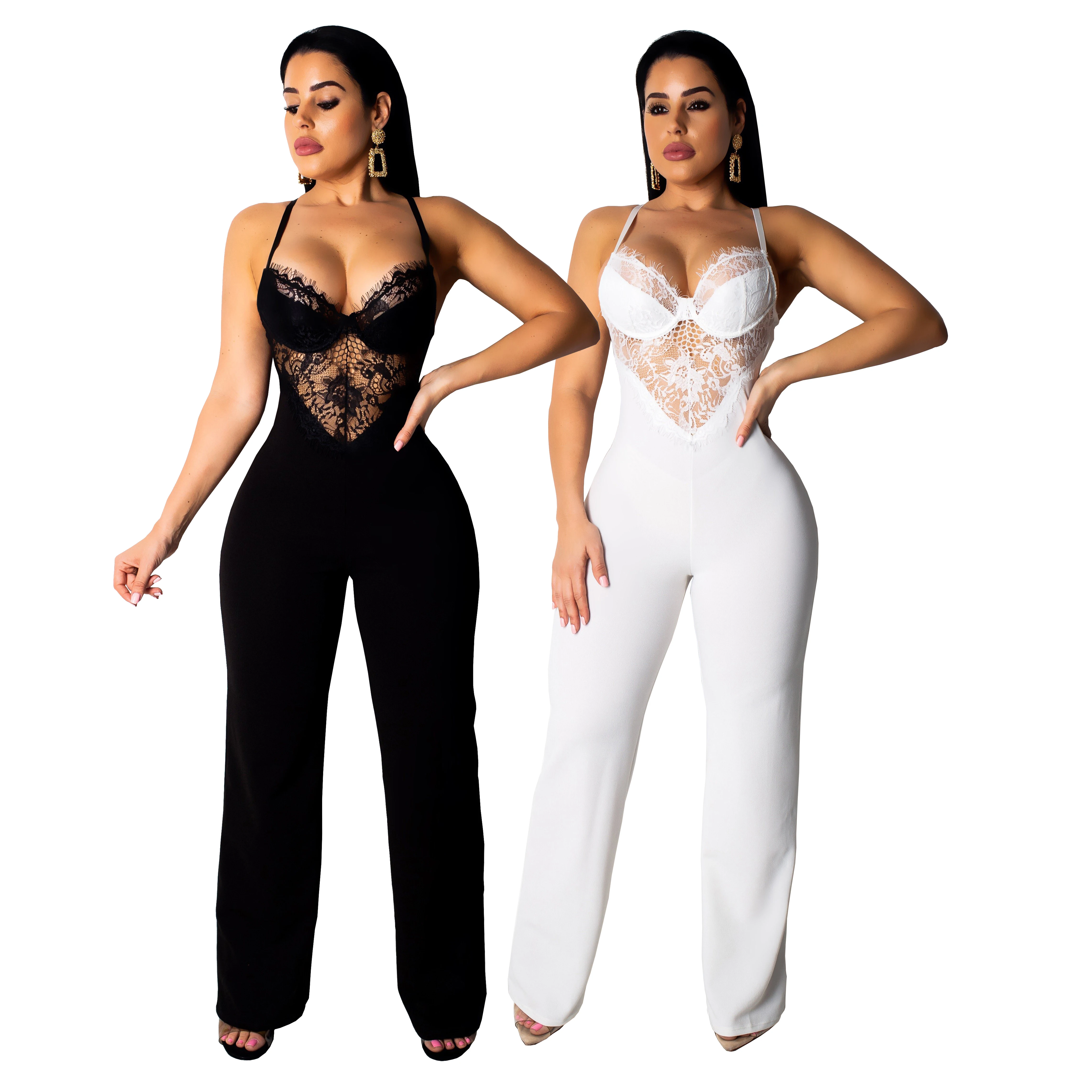 

9185 black and white women lace top halter jumpsuits, White;black