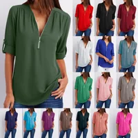 

Ecowalson S~5XL Plus Size Women's Fashion Chiffon Shirt V neck Long Sleeve Loose Tops Zipper T Shirt