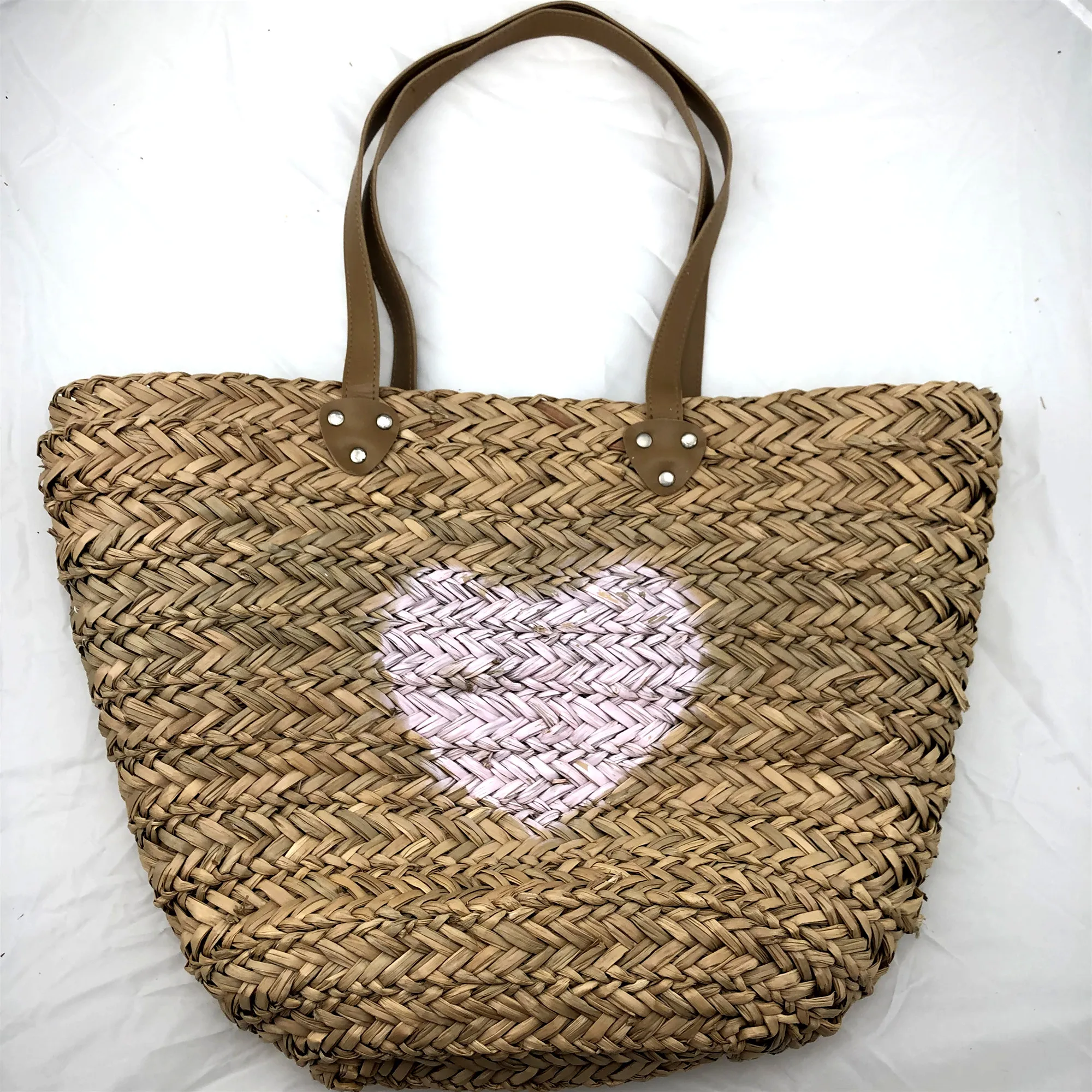 

2020 Summer Natural Straw Large Beach Bags Handmade Woven Tote pu Handle Women Love Printing Pink Shopping Bag, Custom made