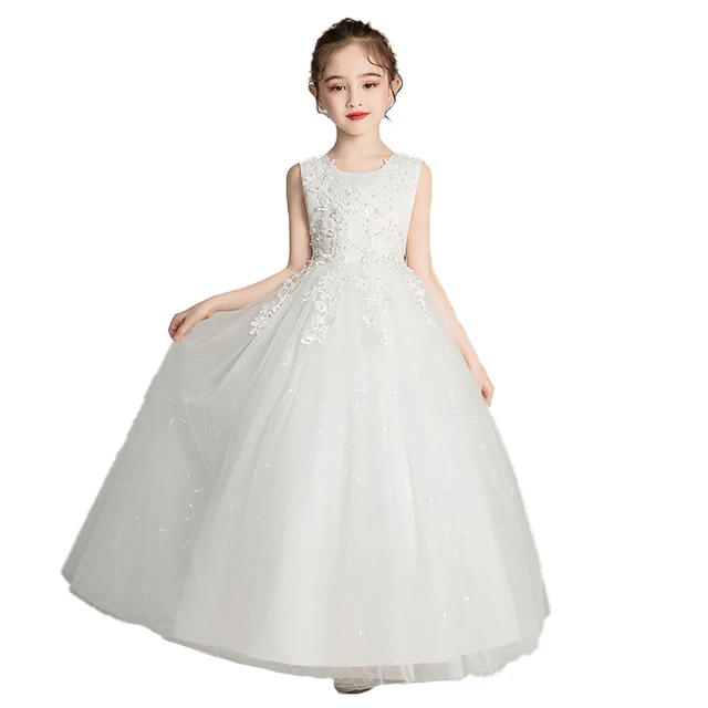 

White Mesh Sequin Long Lace Maxi Princess Evening Dress Children Party Dress For Girl