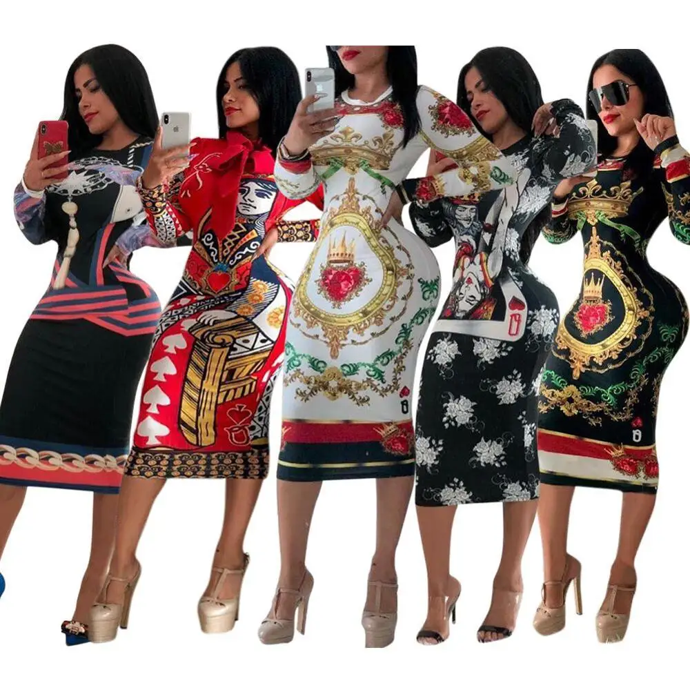 

SAY133 poker face print long sleeve bodycon sexy ladies pencil midi dress, As pictures showed