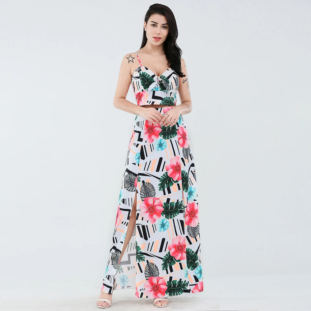 

Customized Sexy Casual Boho Maxi Backless Sleeveless Beach Print Spilt Dress, Shown