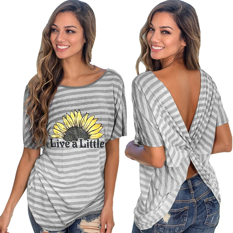 

Women Apparel Sunflower Print T Shirts Cross Back Twist Knot Loose Open Back Blouses Tops, Shown