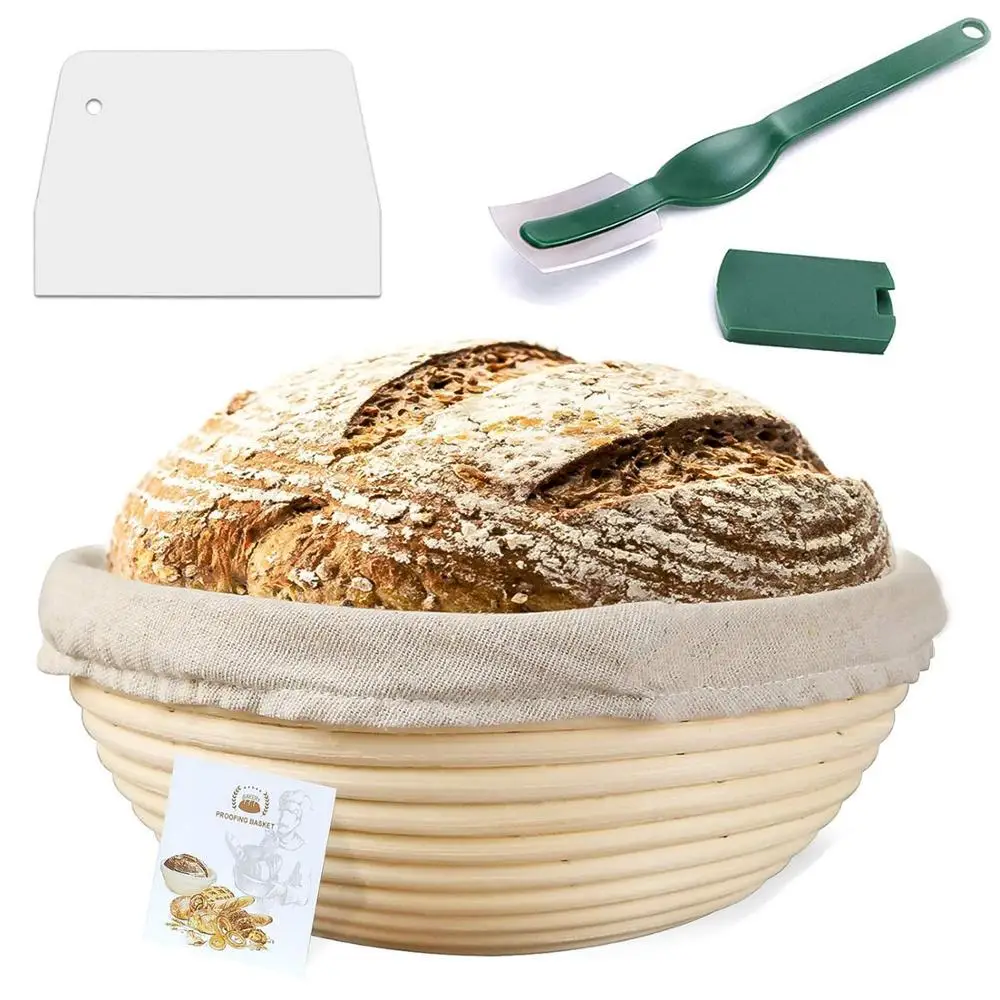 

Amazon top selling 9/10 inch round /oval rattan bread proofing basket with liner and Stainless Steel Scrap for risen dough, Natural color