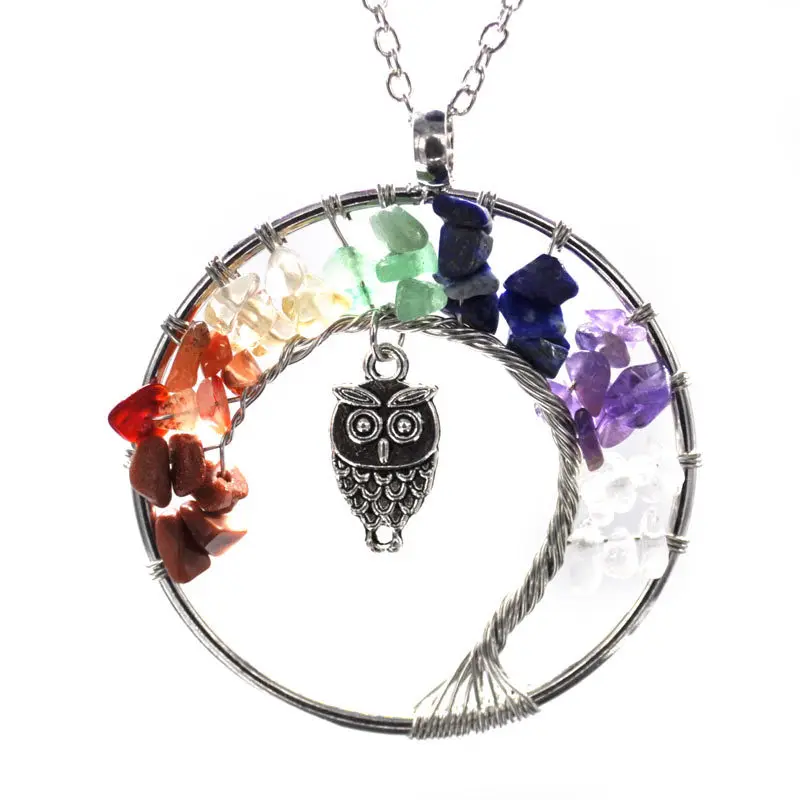 

New fashion Crystal Gravel 7 Chakra Tree Of Life Inlay Owl Jewelry Women Pendant Chakra Necklace