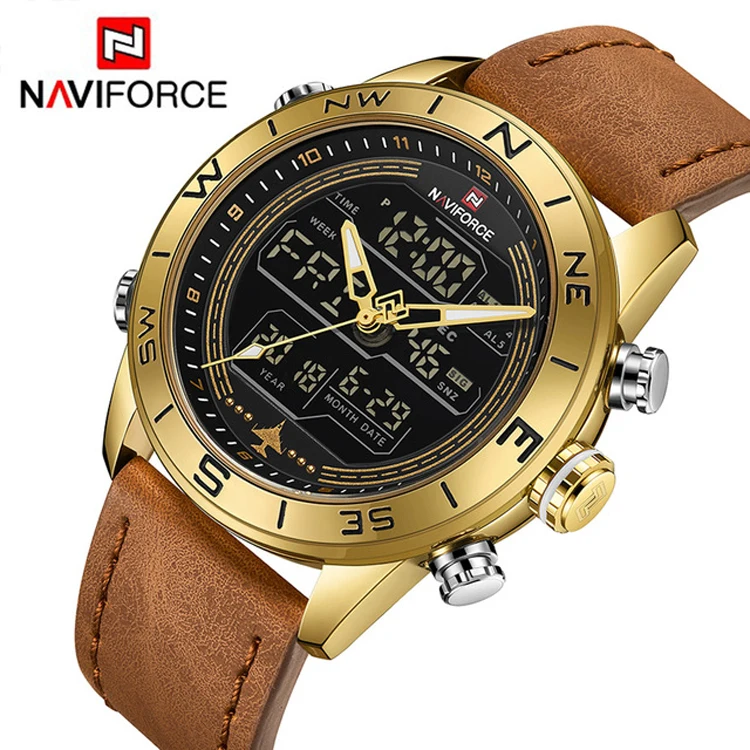 

NAVIFORCE 9144 Display Male Clock Fashion Men Sport Watches Mens LED Analog Digital Watch Army Military Leather Quartz Watch