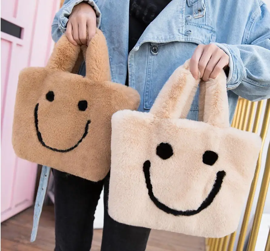 

STABILE Hot Sale New Style Smile Face Faux Fur Bag Women Faux Rabbit Fur Handbag, Beige, black, check, golden, multi, red, rose madder, stripe, yellow