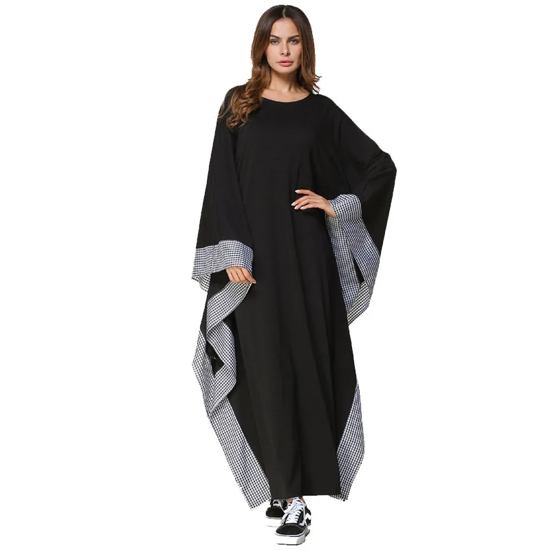 

Long Sleeve Plaid Bat Sleeve Muslim Women Abaya Dresses Middle Eastern Muslin Pray Black Abaya Kimono