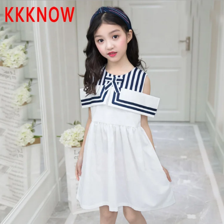 

KKKNOW children s new navy blue summer off-the-shoulder dress for girls, White;navy blue