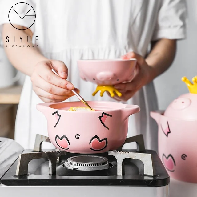 
Creative ceramic casserole with cover and cute piglet double ears casserole 1016 