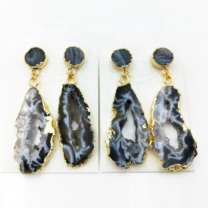 

gold Plated natural druzy Geode Slice dangle Earrings shiny drusy jewelry for women