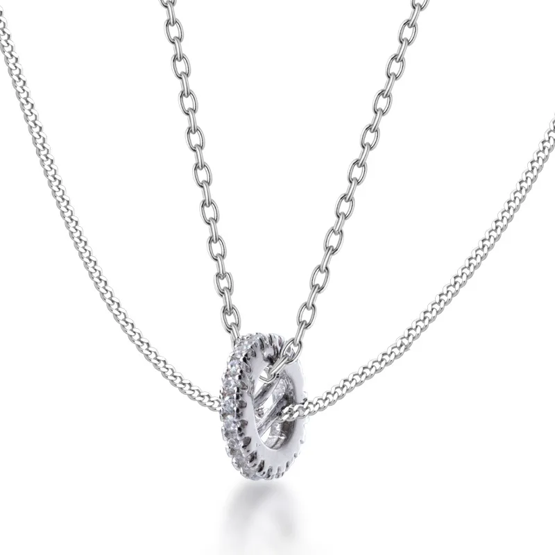 

925 Sterling Silver CZ Circle Round Pendant Necklaces Double Silver Chain Necklaces For Women Gifts Jewelry