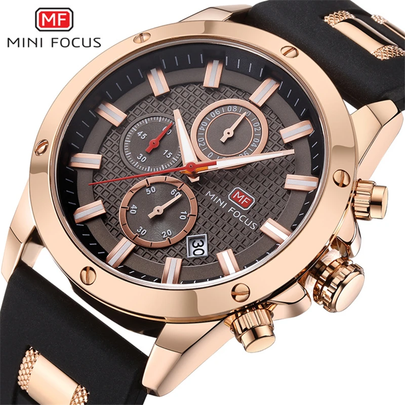 

MINI FOCUS Wristwatches Men 3ATM waterproof 3D Bolt Design 6 Hands 24H Calendar Date Rubber Strap Steampunk reloj MF0089G watch