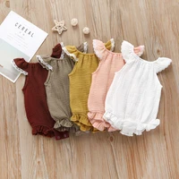 

Summer soft solid muslin lace sleeves touch onesie girl baby romper flounce ruffle folds feet jumpsuit