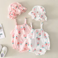 

100% Cotton Baby Girls Sleeveless Strawberry Print Sling Romper with Matching Hat