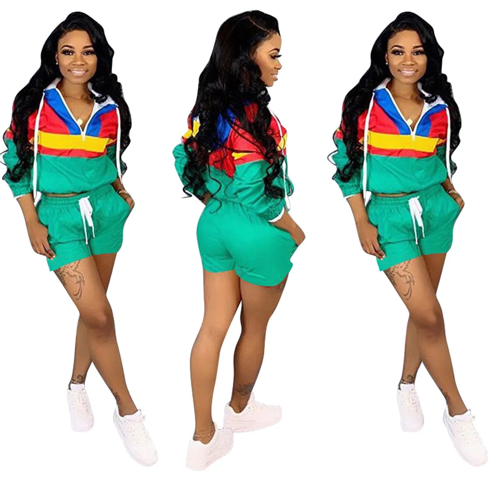 

2019 Women Zipper Hooded Drawstring Crop Short Pants 2 Pieces Set Color Block Patchwork Romper Jumpsuit Tracksuit A666