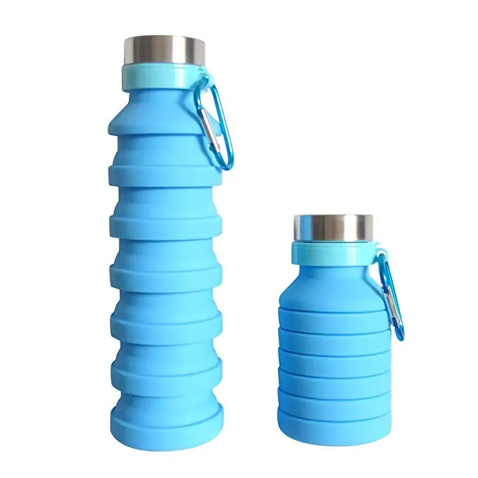 

Wholesale Private Label BPA Free Expandable Collapsible Travel Sports Drink Silicone Foldable Water Bottle with Carabiner hook, Customized logo