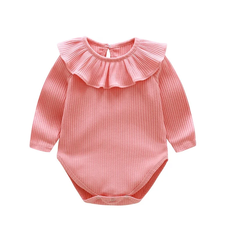 

Solid Ruffle Collar Ribbed Romper Long Sleeves Baby Bodysuit
