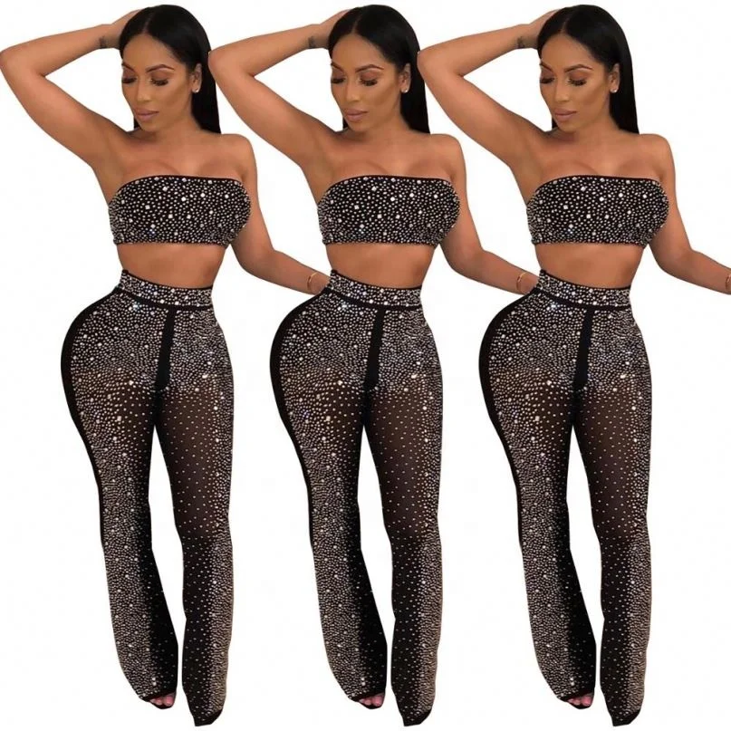 

Strapless two pieces mesh transparent rhinestone women sexy club wear 2018