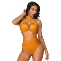 

Hot Sale Summer Cross Strap Solid Color Bikini Swimwear Women Sexy High Waisted Swimsuit