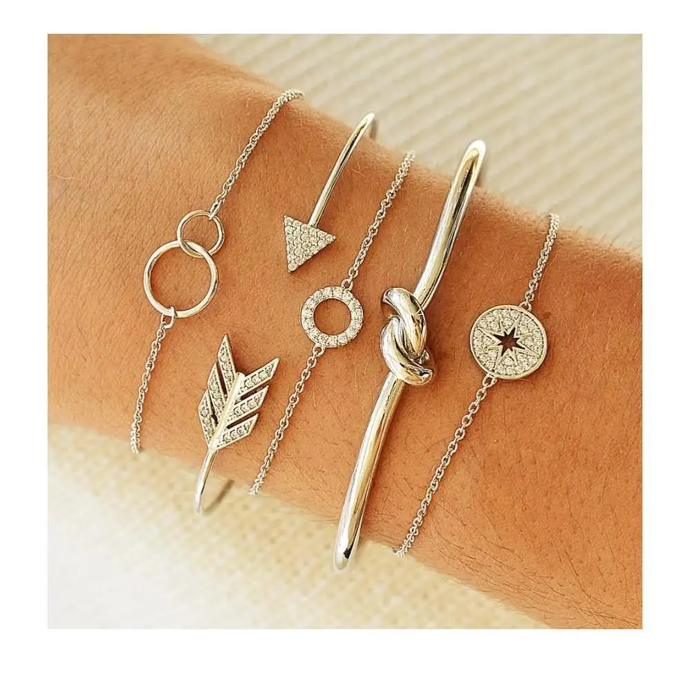 

5 Pcs/set Bohemian Gold Silver Crystal Arrow Circle Charm Bracelets Set for Women Bracelets Bangles, Picture