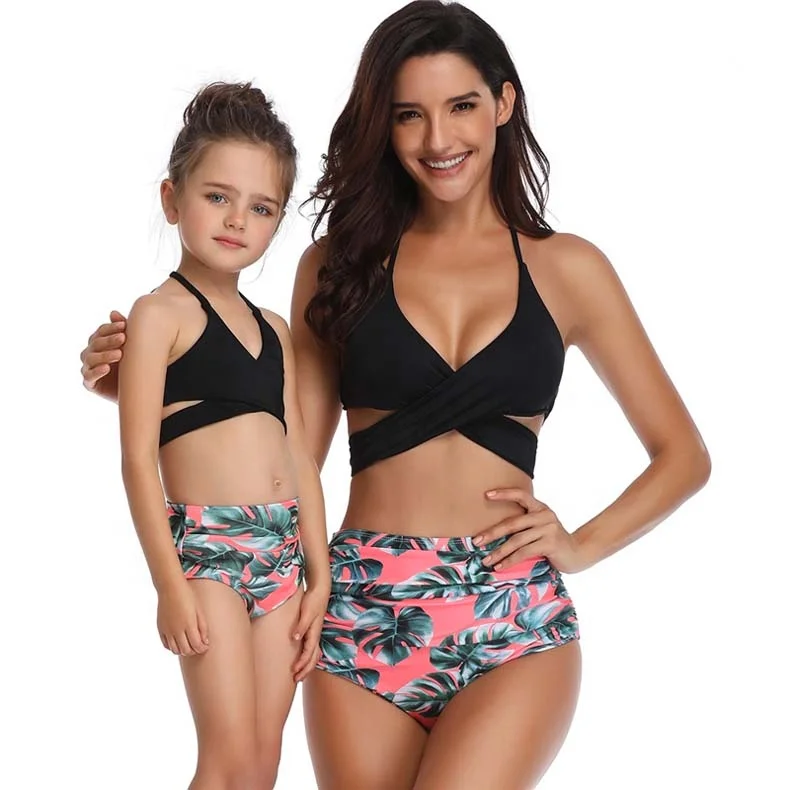 

Leaves Print String Cross High Waist Mommy Children Girl Bikini Sets Two Pieces Parent-Child Swimsuits Swimwear Bathing Suits