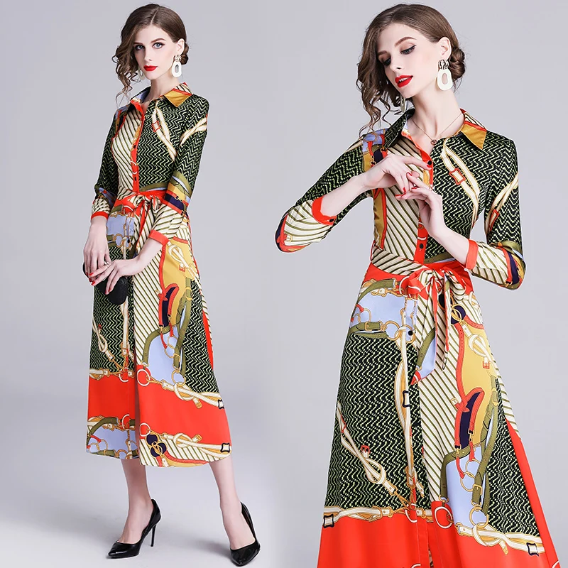 2019 New Design Spring Women Clothes High Quality Fashion Three-quarter Length Sleeves Waist Bow Casual Lady Elegan Print Dress