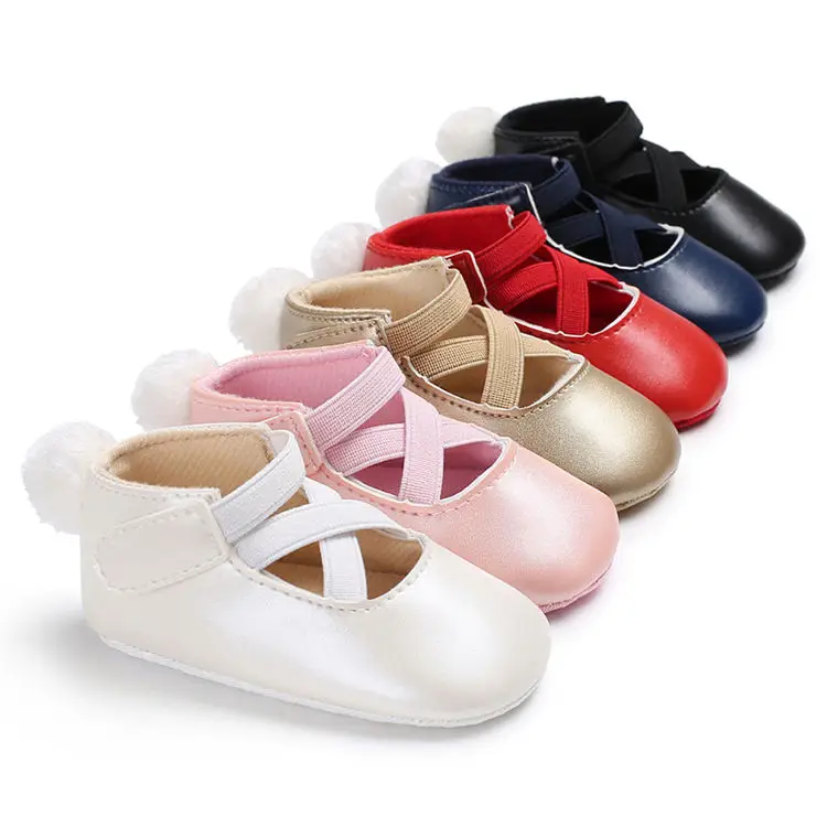 

Fancy fluff ball PU Leather ballet dress Toddler shoes for baby girl, 6 color