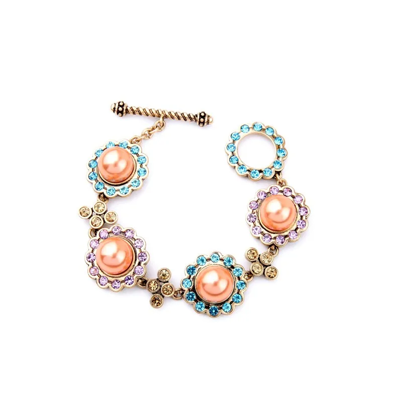 

sl00477 Simple Colorful Cute Girls Crystal Vintage Gold Plated Pearl Charm Bracelet