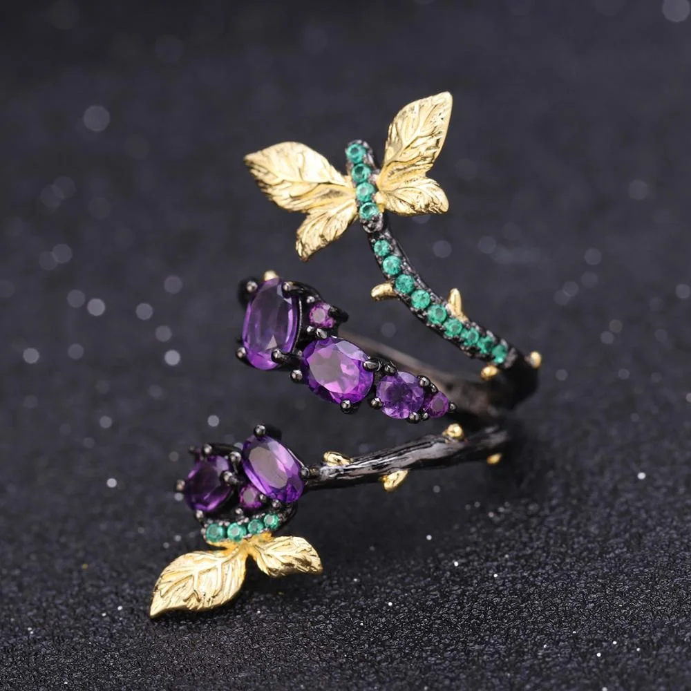 

Abiding Premier Design Raw 925 Sterling Silver Handmade Jewelry 14K Gold Plated Butterfly Amethyst Finger Ring For Girlfriend